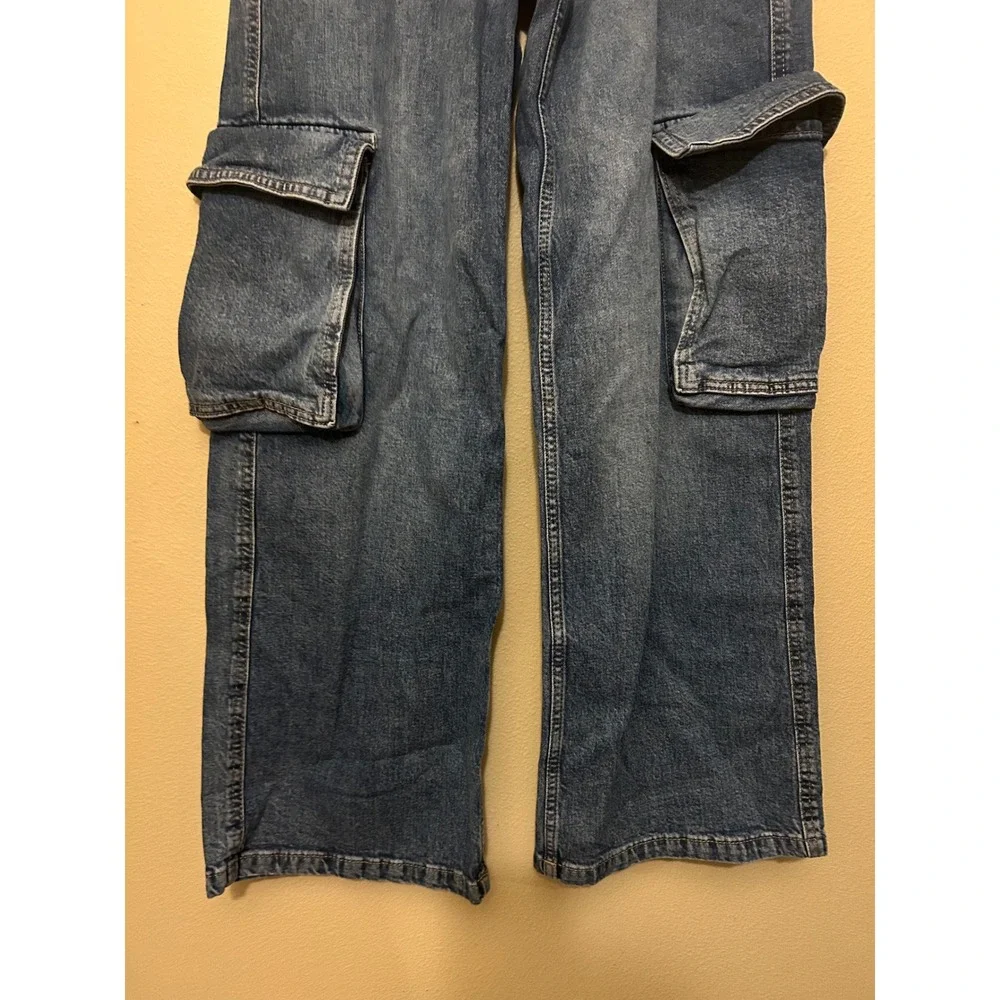 H&M Cargo Jeans Kids Size 14 Blue Excellent Wide Leg Low Waist Utilitarian Denim